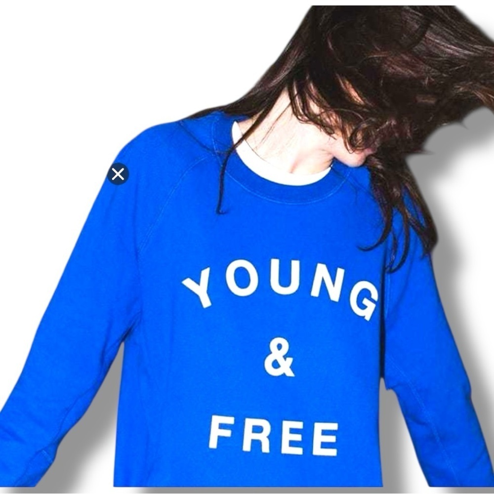 Young & Free Vibrant Blue w/ White Letters Front Pocket Crewneck Cozy Sweatshirt